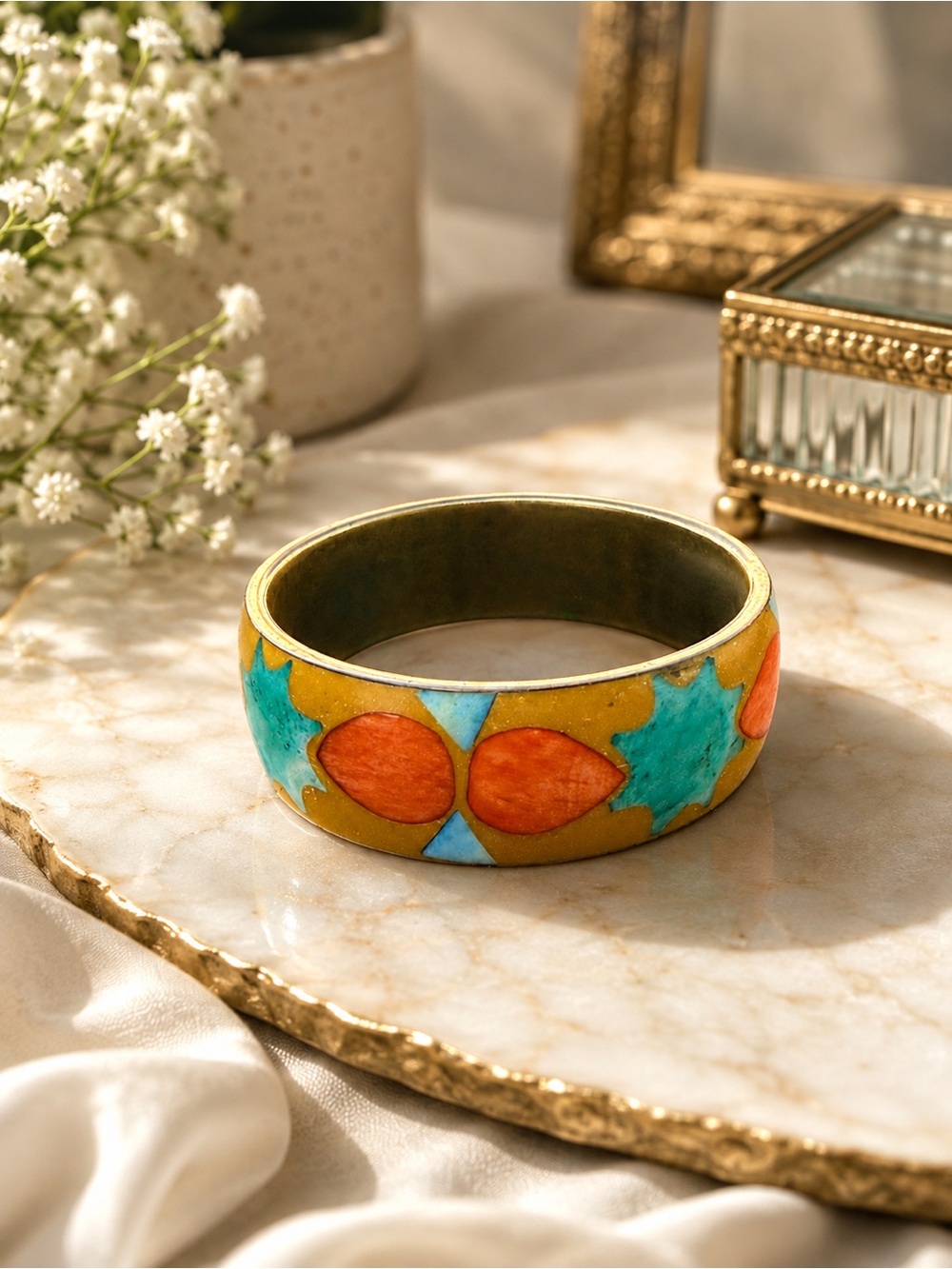Vintage Brass Enamel Bangle Bracelet Turquoise Orange Mustard Boho Jewelry